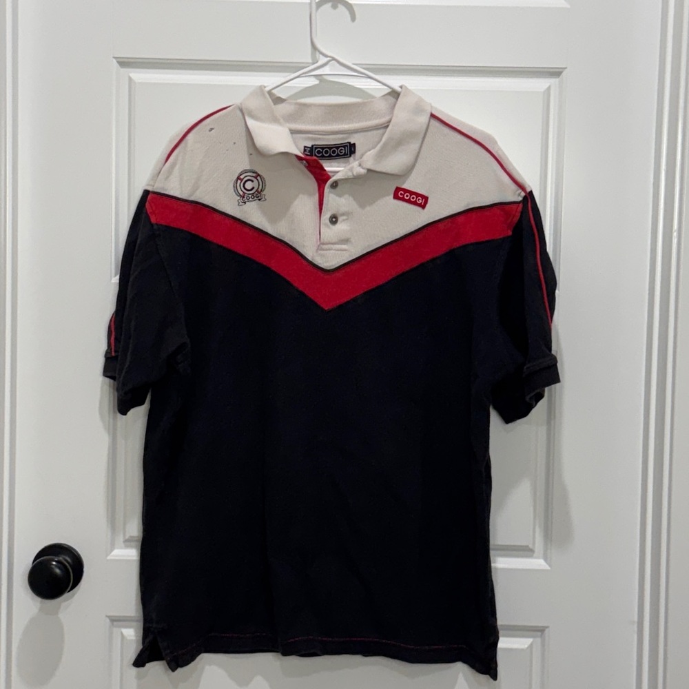 Vintage COOGI Knit Polo Men’s L Red Stripe Embroidered
